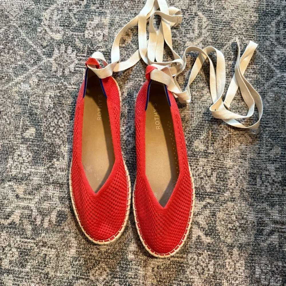 Rothy's The Espadrille Lace Up in Red Hot with Cream Laces, Size 11.5